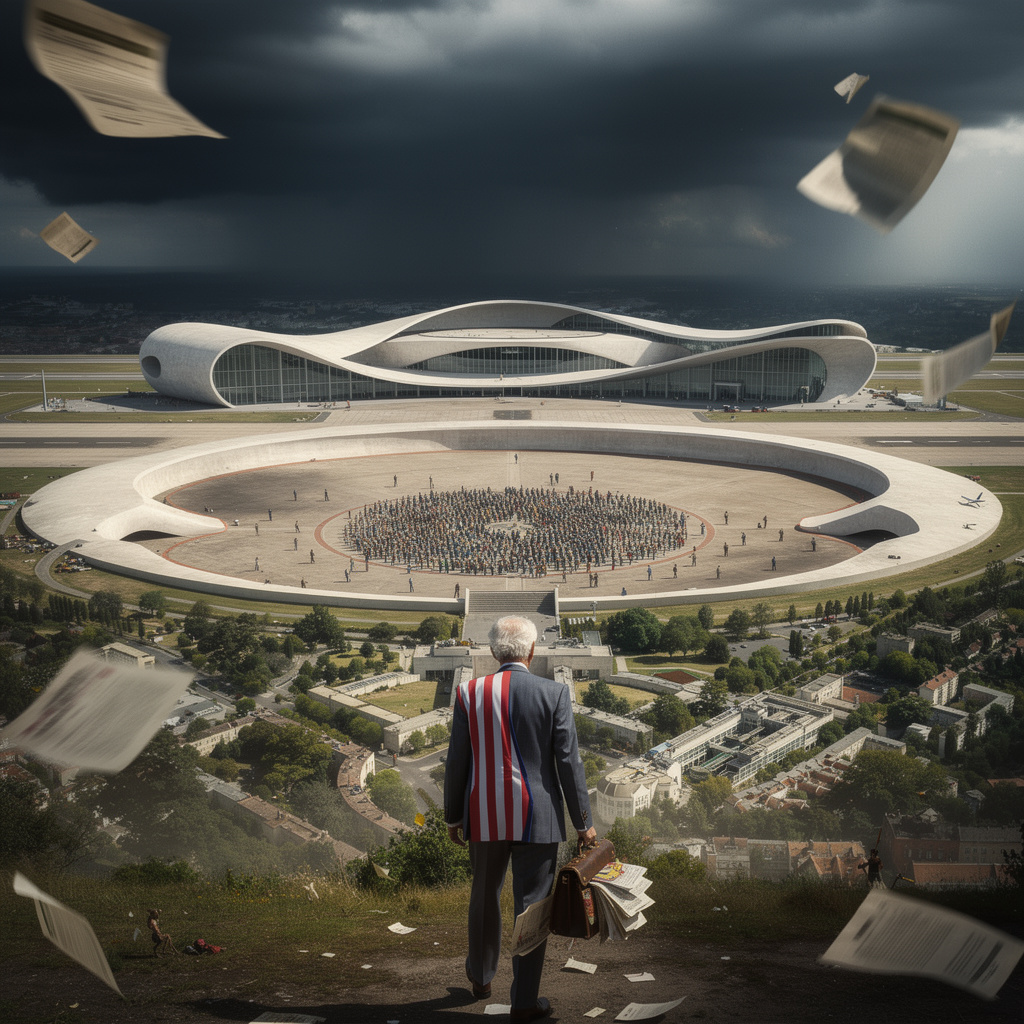 Eine dramatische Zukunftsvision des Tempelhofer Feldes: Das Flughafengebäude im Niemeyer-Stil, eine Tafelrunde auf dem Feld, und im Vordergrund ein seriöser 84-jähriger Mann im USA-Anzug mit überquellendem Aktenkoffer – würdevoll und ernst.