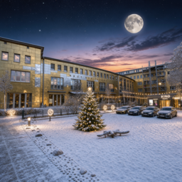 Das Haus der Jugend mit goldener und silberner Fassade, davor ein verschneiter Platz mit Turm, Autos, Hotel, Kino, vielen Lichtern und einem großen Weihnachtsbaum unter Sternenhimmel und Mond.