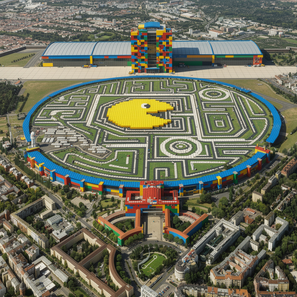 Eine hyperrealistische Zukunftsvision des Tempelhofer Feldes: Ein riesiger Pac-Man frisst sich von der Seite durch das Feld, während das Flughafengebäude aus bunten LEGO-Steinen besteht. Sonniges Wetter, polierte Optik.