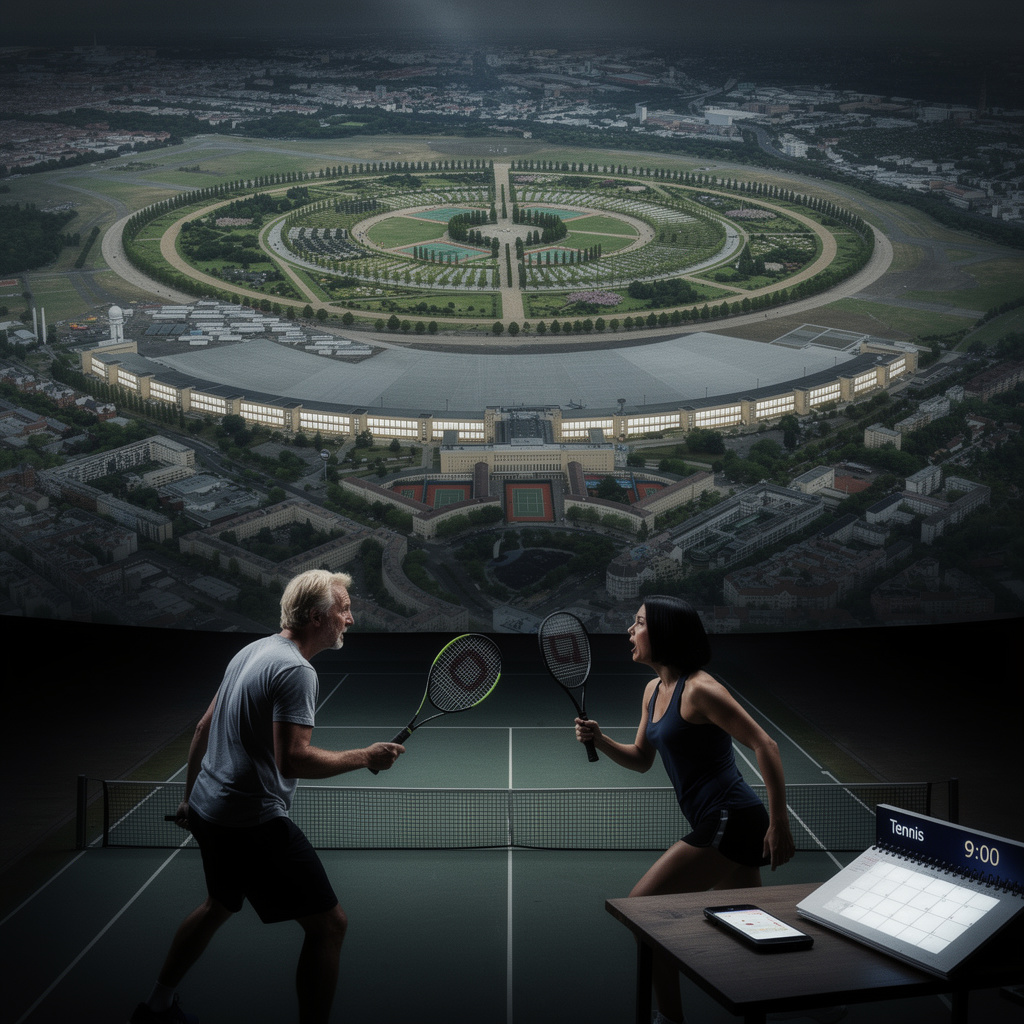 Vision des Tempelhofer Feldes als Tennis-Arena mit korrekter Spielerpositionierung auf gegenüberliegenden Feldhälften