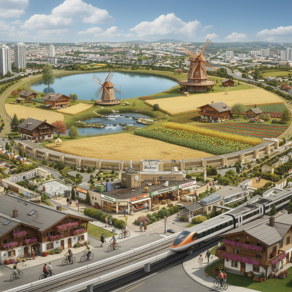 Eine fröhliche Zukunftsvision des Tempelhofer Feldes mit See, Hügeln, Windmühle, landwirtschaftlichen Flächen und Tiroler Architektur. Das Flughafengebäude wurde zum Bahnhof mit Handwerksbetrieben umgebaut.