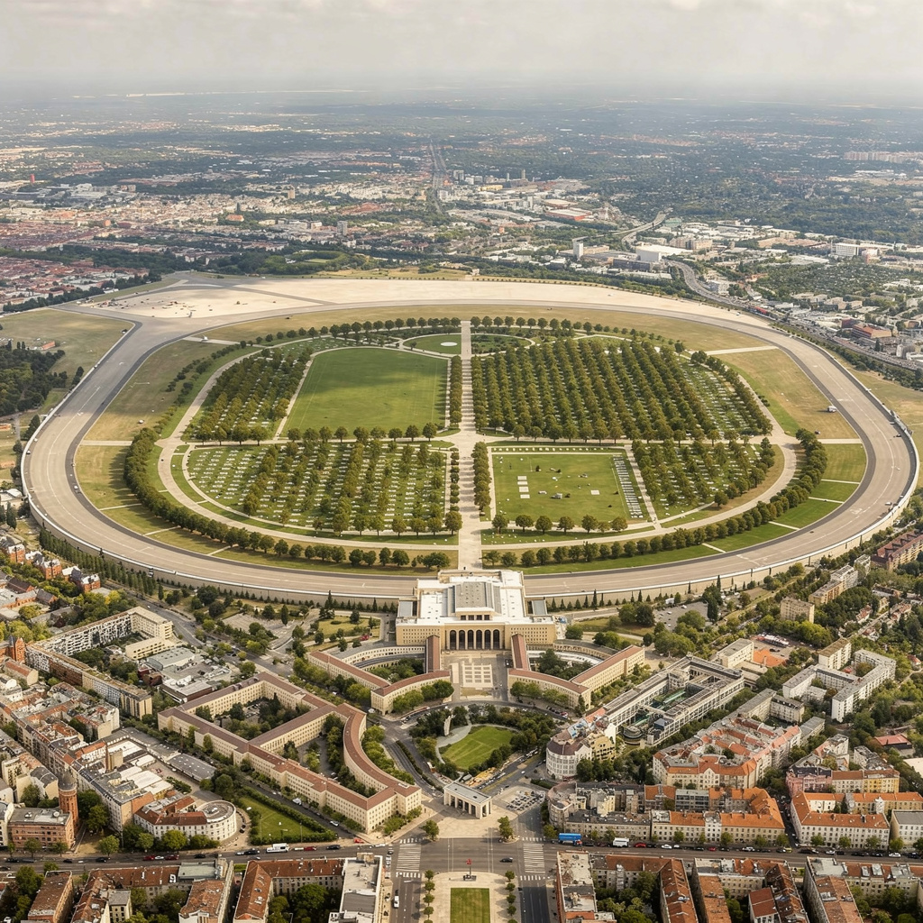 Eine Vision des Tempelhofer Feldes als Friedhof und Gedenkstätte mit Bäumen, Grabstätten und dem erhaltenen Flughafengebäude im Hintergrund.