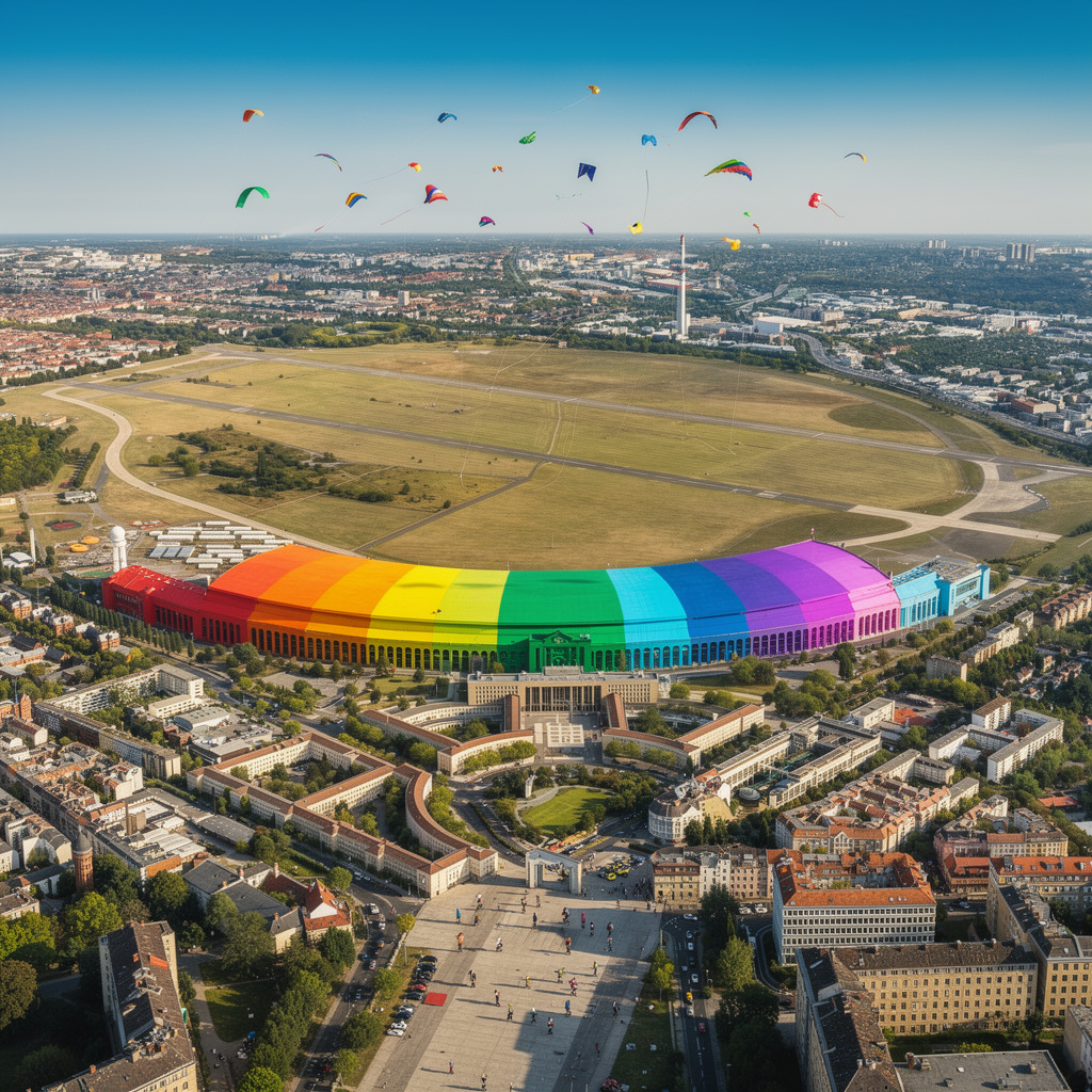Eine fröhliche Zukunftsvision des Tempelhofer Feldes: Das historische Flughafengebäude in bunten Farben, die Wiese bleibt offen, Menschen fahren Rollschuh und Drachen steigen am sonnigen Himmel.