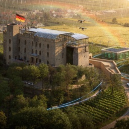 Das Hambacher Schloss im Jahr 2045 als Regierungssitz: umgeben von sonnen- und regenreichen Weinbergen, mit Rechenzentren, die durch Solarenergie und grüne Energie versorgt werden.