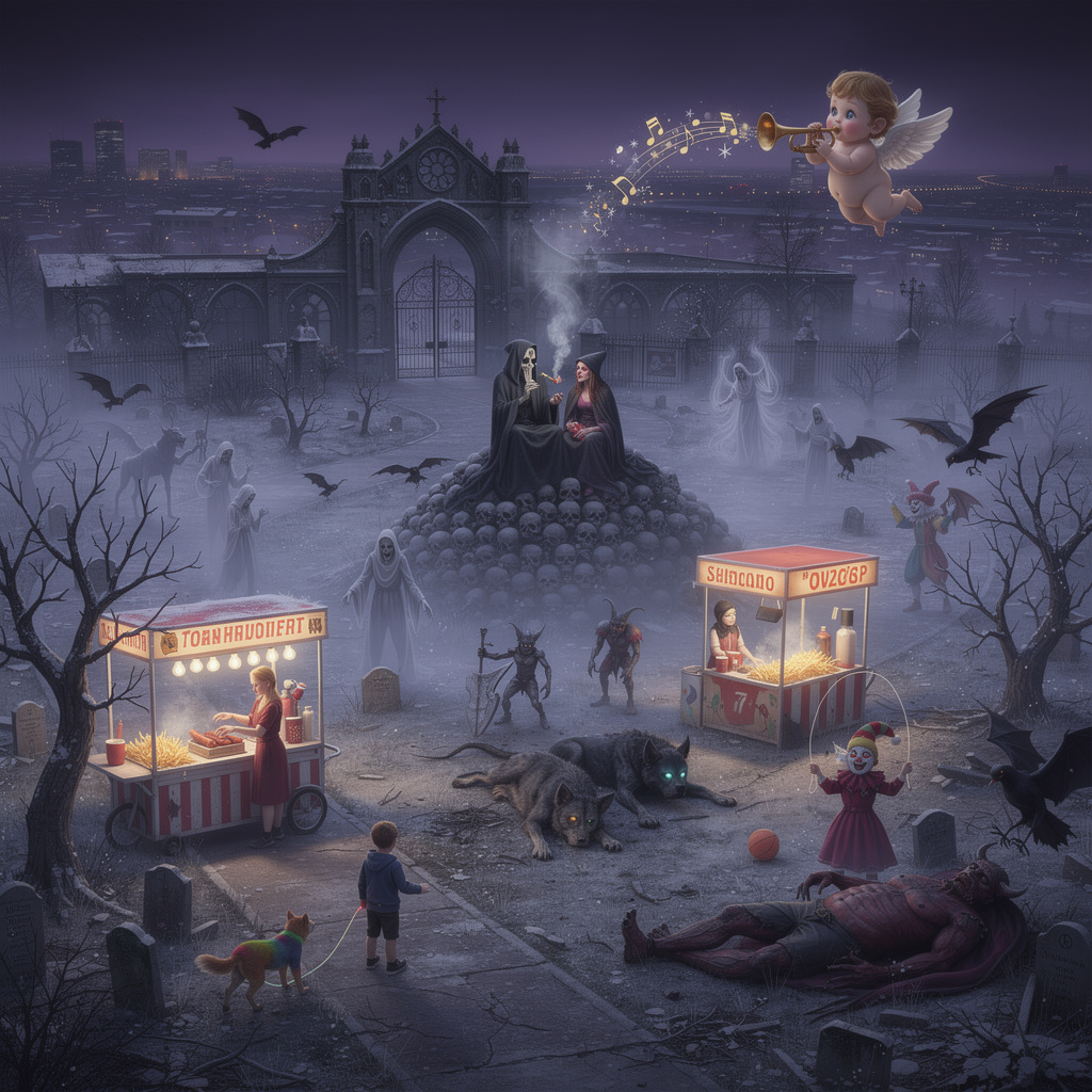 Eine düstere Fantasy-Vision des Tempelhofer Feldes: gotischer Friedhofseingang am Flughafengebäude, Schädelhügel mit Sensenmann und Hexe, Geister, Dämonen, Kinder beim Spiel, Eisverkäufer und Würstchenbude in einer mondlosen Nacht mit violettem Nebel.