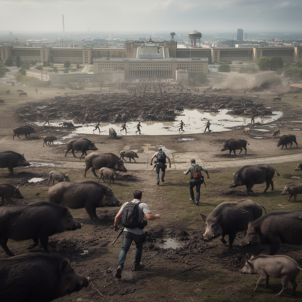 Eine dramatische Zukunftsvision des Tempelhofer Feldes im Third-Person-Shooter-Videospiel-Stil mit Wildschweinrotten und flüchtenden Personen, neu gerendert.