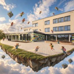 Die Lindenhof-Grundschule schwebt als fliegende Insel hoch am Himmel, umgeben von Wolken und Sonnenschein, während Kinder fröhlich um das Gebäude herumfliegen.