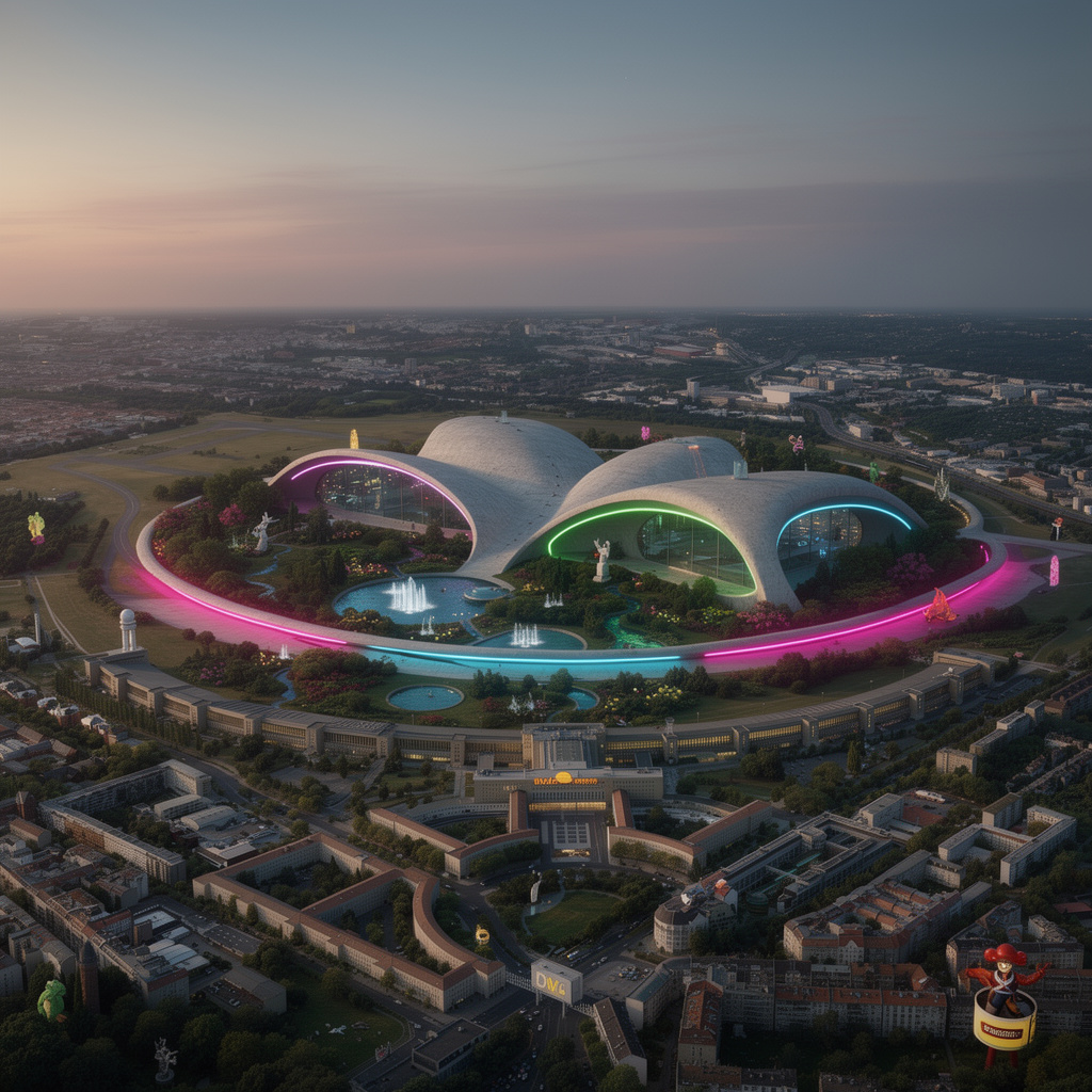 Fotorealistische Tempelhofer Feld Vision mit Niemeyer-Architektur, Neon-Lichtern, Ökologie und Wasser.