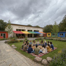 Zukunftsvision: Das Haus der Jugend als Bungalow-Anlage mit bunter Regenplane. Auf dem grünen Platz davor sitzen alle zusammen auf einer großen Picknickdecke, Menschen aus vielen verschiedenen Ländern.