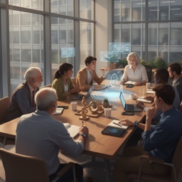 Überarbeitete Vision der Arbeitswelt 2040: Am Ende des gemeinsamen Tisches sitzt nun zusätzlich eine ältere Frau, eingebunden in die lebendige Runde im Innenraum mit Blick auf ein Bürogebäude.
