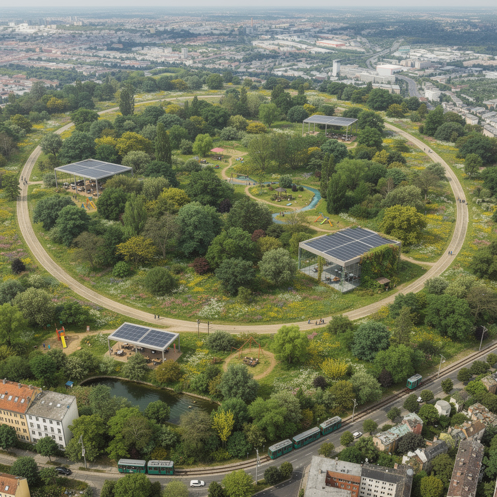 Eine luftige, sonnige Zukunftsvision des Tempelhofer Feldes mit dichtem, weitläufigem Wald, der das gesamte Feld bedeckt. Plätze und Coworking-Spaces liegen eingebettet mitten im Wald.