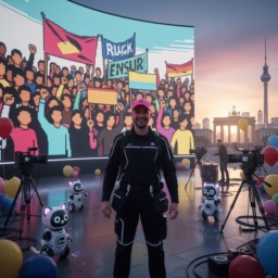 Ein Bühnentechniker mit pinker Kappi baut 2040 in Berlin kabellos eine LED-Wand auf, die in Pixel-Optik eine große Gewerkschaftsdemo zeigt (ohne erkennbare Einzelpersonen), unterstützt von Katzen-Robotern, umgeben von Luftballons und der Berliner Skyline.
