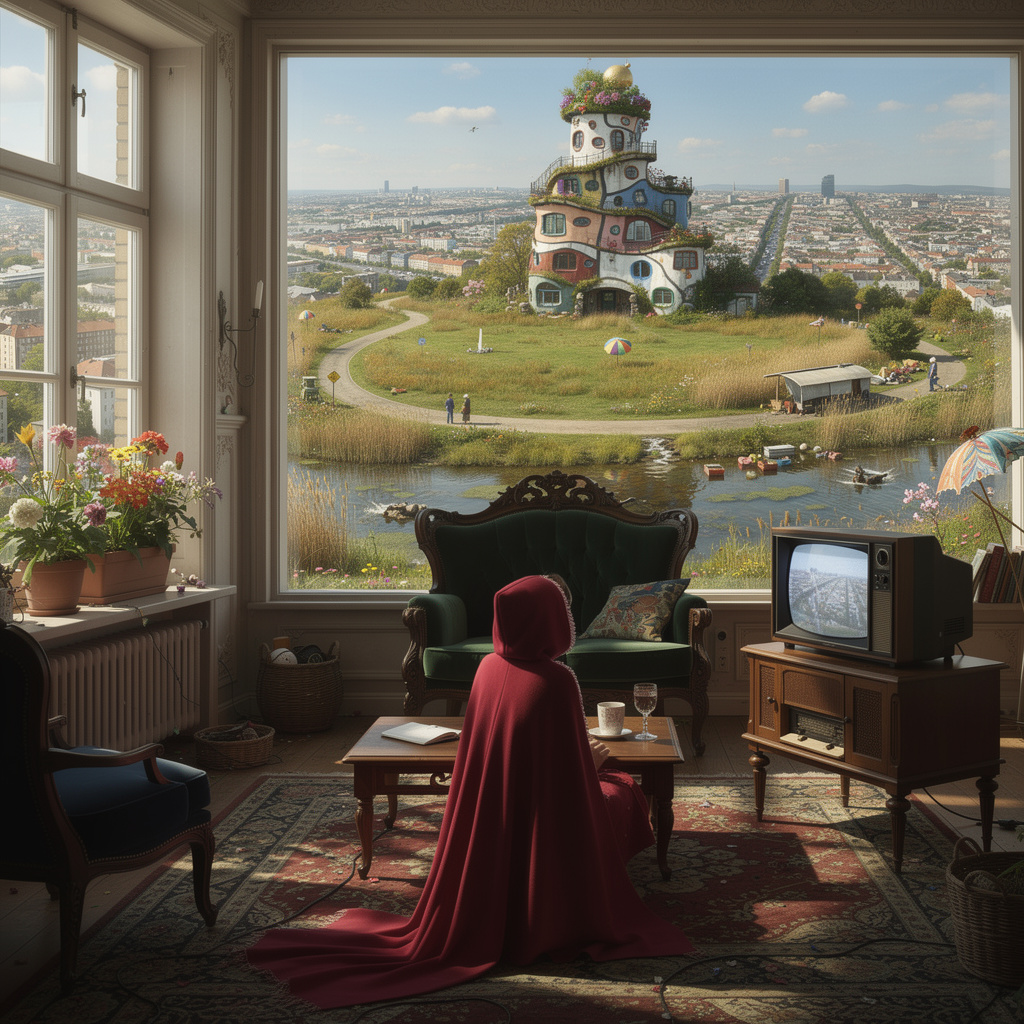 Blick aus einem altberliner Gründerzeit-Zimmer auf das zukünftige Tempelhofer Feld mit Hundertwasser-Turm, Quelle, Bachlauf und Sumpf, Rotkäppchen sitzt im Sessel und schaut TV