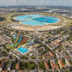 Zukunftsvision: Tempelhofer Feld als riesiger Outdoor-Wasserpark mit Schwimmbad, Liegewiesen und bunten Wasserrutschen am Flughafengebäude, sonniger Sommertag mit Drachen am Himmel