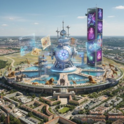 Eine futuristische Vision des Tempelhofer Feldes mit einer riesigen Zeitmaschine, einem Schwimmbad im Flughafengebäude wo Menschen und Tiere gemeinsam entspannen, und einem Gaming-Turm – während die umliegende Bebauung unverändert bleibt.