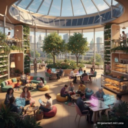 Vision eines inklusiven, nachhaltigen Bürogebäudes im Jahr 2040 nahe Potsdamer Platz in Berlin: lichtdurchflutet, mit Solar- und Windenergie, Gemeinschaftsküche, Bäckerei, Kinderbetreuung, Hologramm-Arbeitsplätzen und einem zentralen Obstgarten – ein Ort der Vielfalt, Fürsorge und Zusammenarbeit.