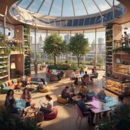 Vision eines inklusiven, nachhaltigen Bürogebäudes im Jahr 2040 nahe Potsdamer Platz in Berlin: lichtdurchflutet, mit Solar- und Windenergie, Gemeinschaftsküche, Bäckerei, Kinderbetreuung, Hologramm-Arbeitsplätzen und einem zentralen Obstgarten – ein Ort der Vielfalt, Fürsorge und Zusammenarbeit.