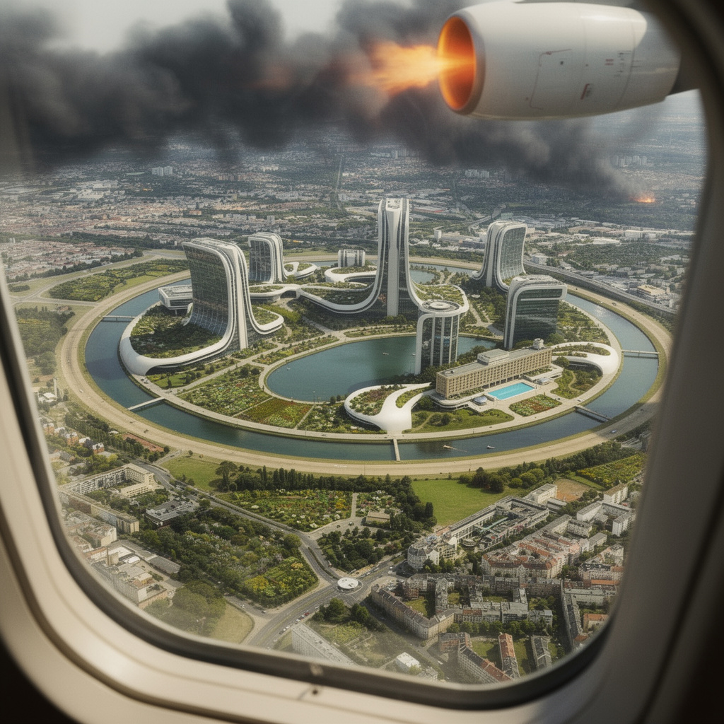 Dramatische Absturz-Szene aus der Flugzeugkabine: Explodierendes Triebwerk, Flugzeug in Schräglage, im Hintergrund die Future-Feld-Vision über dem Tempelhofer Feld.