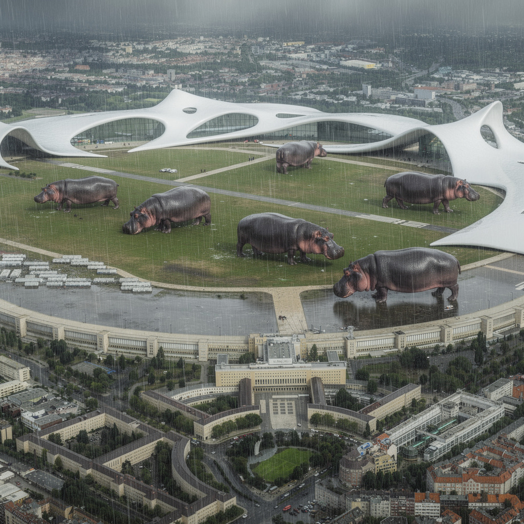 Eine futuristische Vision des Tempelhofer Feldes mit Nilpferden im Niemeyer-Stil, umgebauten Fenstern am Flughafengebäude und starkem Regen.