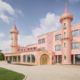 Die Lindenhof-Grundschule verwandelt in eine pinke Prinzessinnenschule mit Türmen und goldenen Verzierungen.